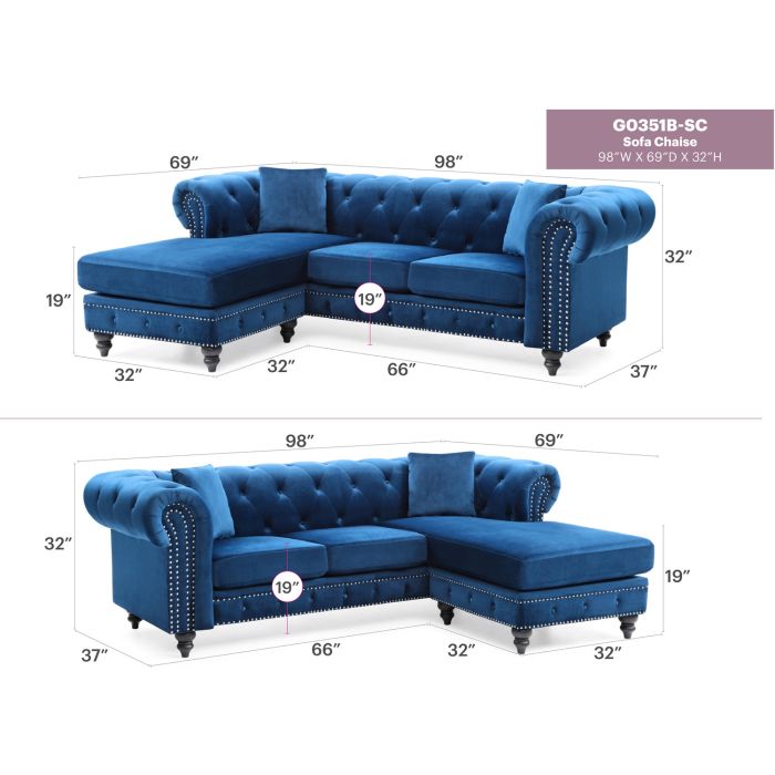Nola Sofa Chaise, Navy Blue