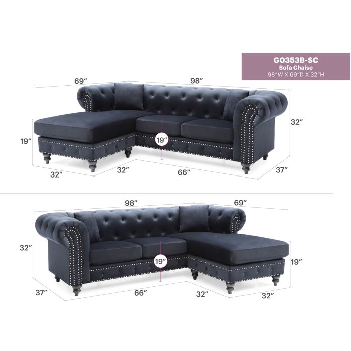 navy tufted Chesterfield sectional sofa with a right-facing chaise