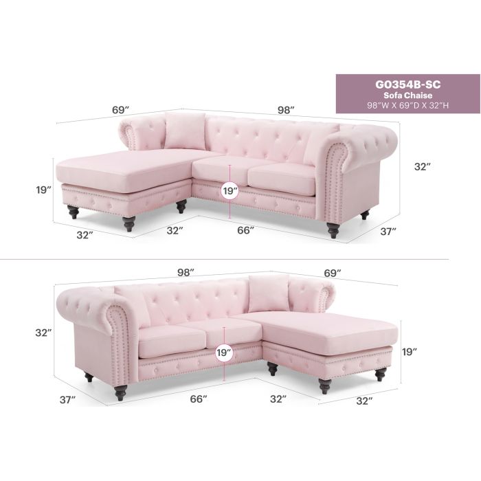 Nola Sofa Chaise, Pink